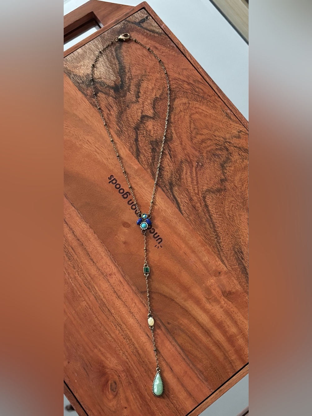 Gold-Tone Lariat Necklace with Blue and Turquoise Stone Cluster